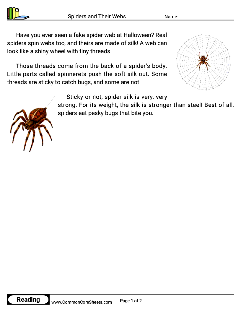 1st Grade 31 Days of Halloween Reading - Spiders and Their Webs worksheet