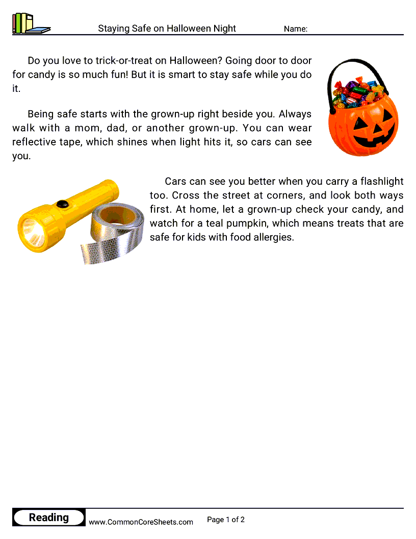 1st Grade 31 Days of Halloween Reading - Staying Safe on Halloween Night worksheet