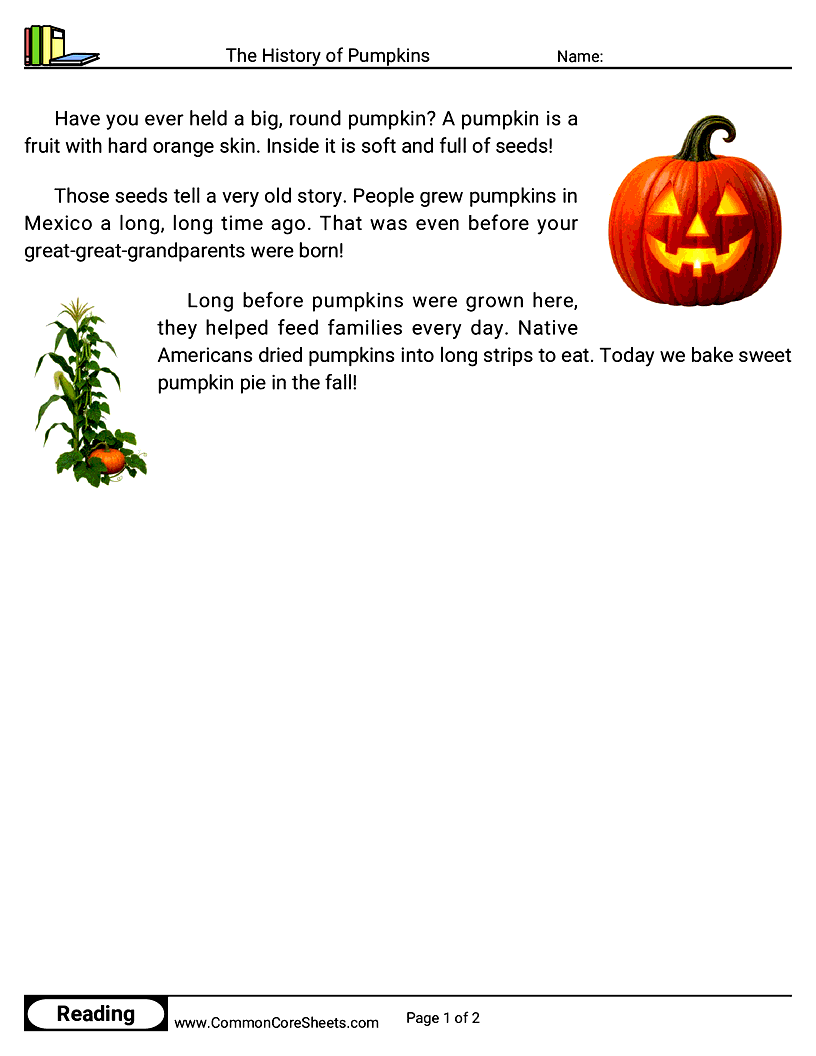 1st Grade 31 Days of Halloween Reading - The History of Pumpkins worksheet