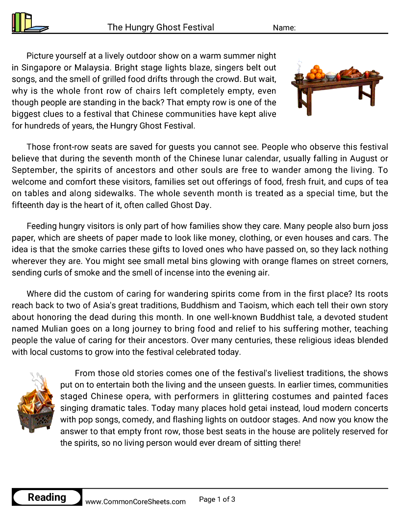 5th Grade 31 Days of Halloween Reading - The Hungry Ghost Festival worksheet