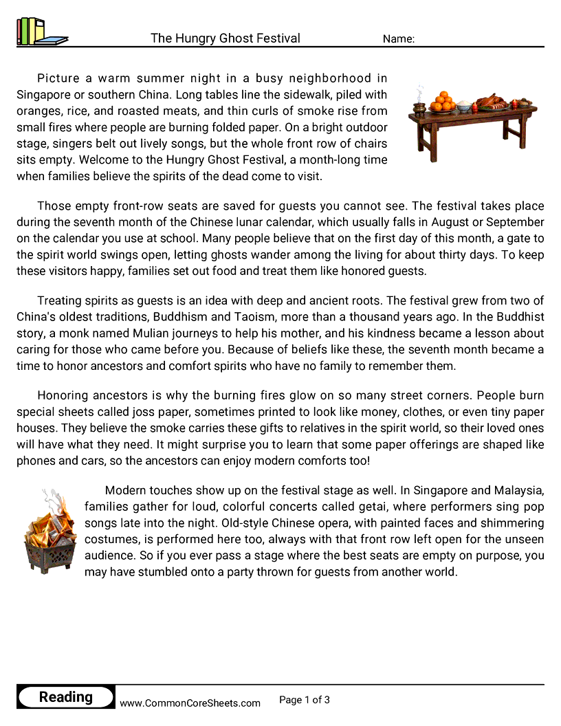 31 Days of Halloween Reading - The Hungry Ghost Festival worksheet