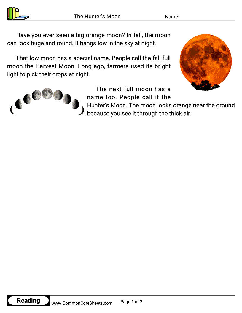 1st Grade 31 Days of Halloween Reading - The Hunter's Moon worksheet