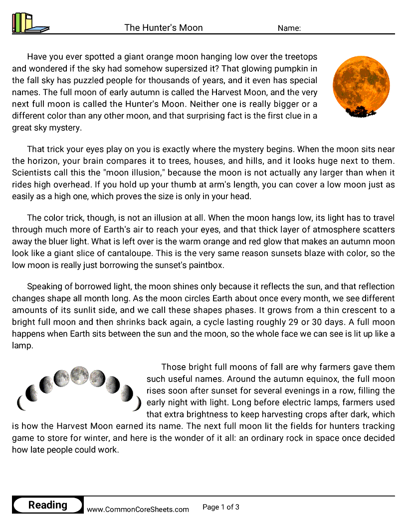 5th Grade 31 Days of Halloween Reading - The Hunter's Moon worksheet