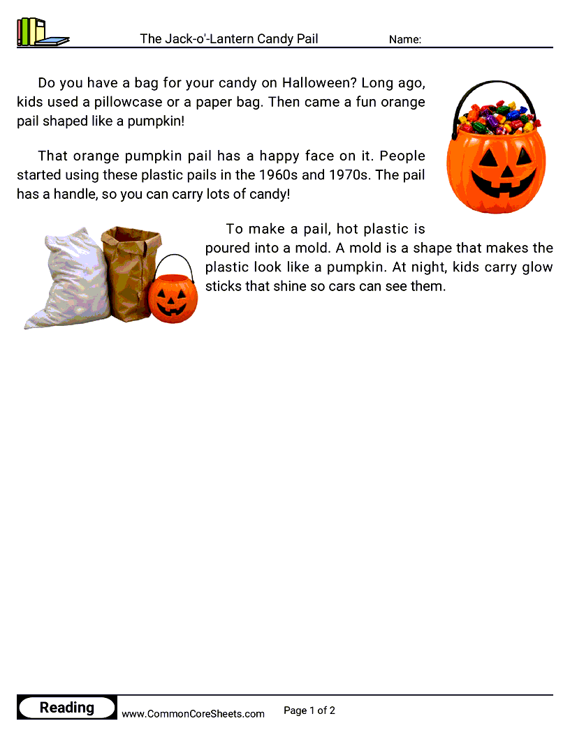 1st Grade 31 Days of Halloween Reading - The Jack-o'-Lantern Candy Pail worksheet