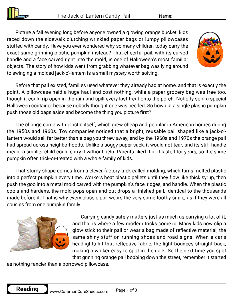 5th Grade 31 Days of Halloween Reading - The Jack-o'-Lantern Candy Pail worksheet