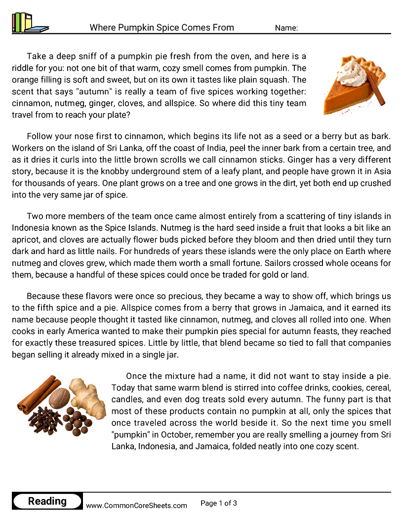 5th Grade 31 Days of Halloween Reading - Where Pumpkin Spice Comes From worksheet