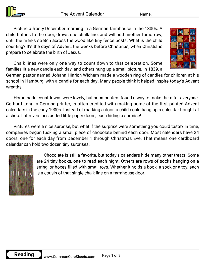 4th Grade 25 Days of Christmas Reading - The Advent Calendar worksheet