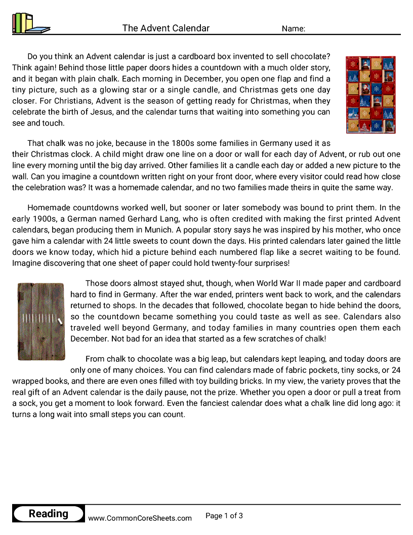 6th Grade 25 Days of Christmas Reading - The Advent Calendar worksheet