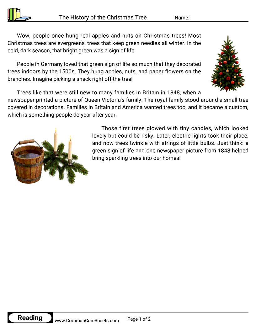 2nd Grade 25 Days of Christmas Reading - The History of the Christmas Tree worksheet