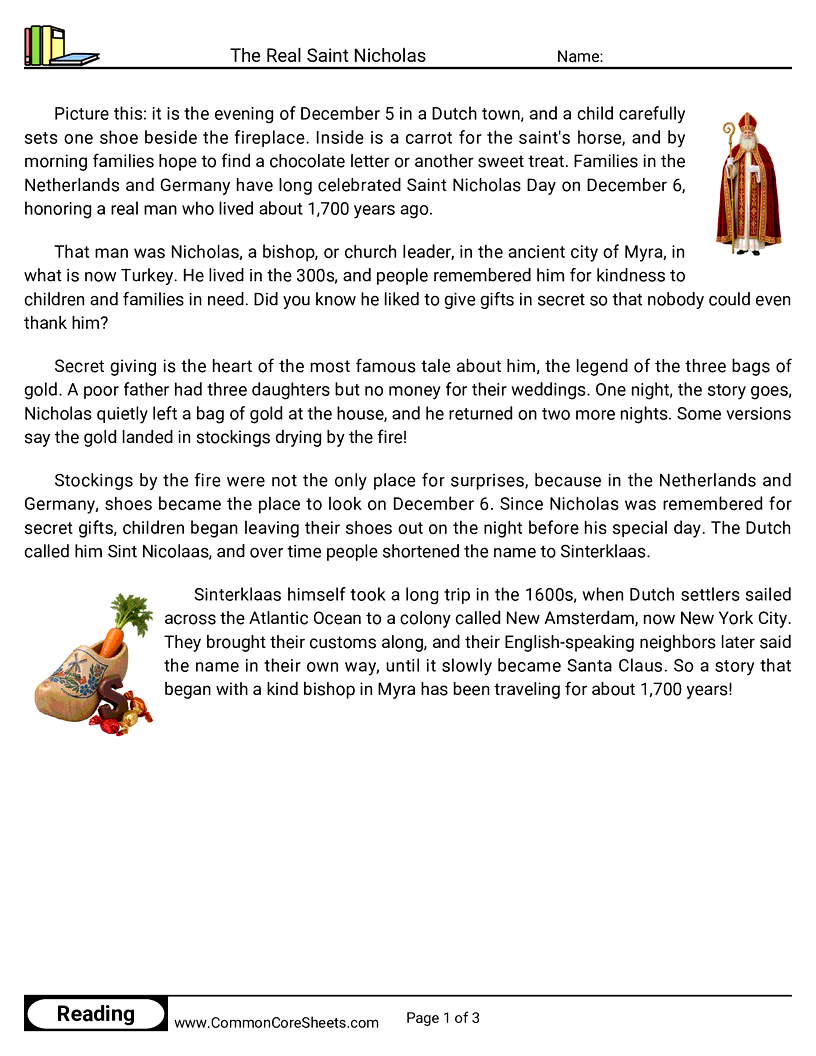 4th Grade 25 Days of Christmas Reading - The Real Saint Nicholas worksheet