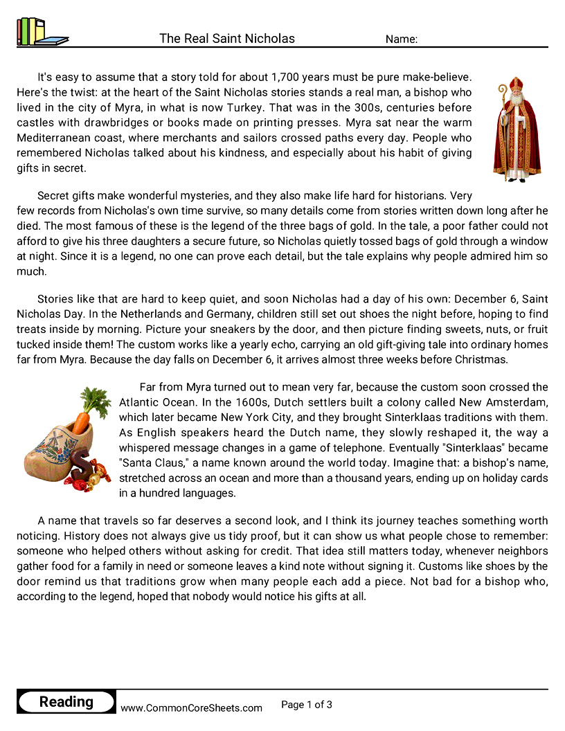6th Grade 25 Days of Christmas Reading - The Real Saint Nicholas worksheet