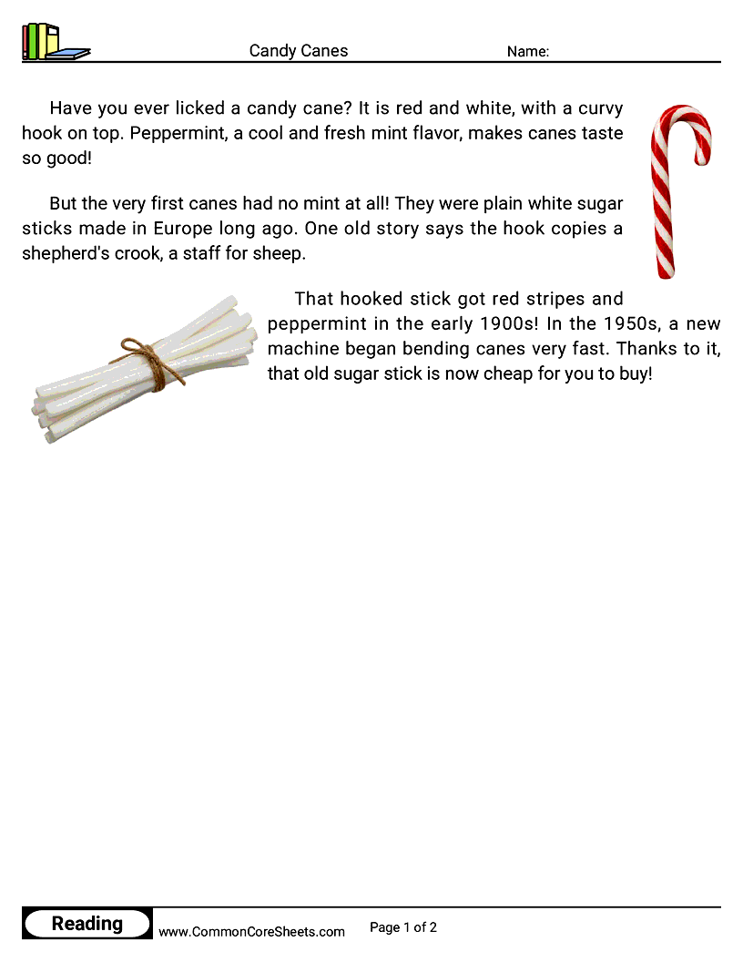 1st Grade 25 Days of Christmas Reading - Candy Canes worksheet