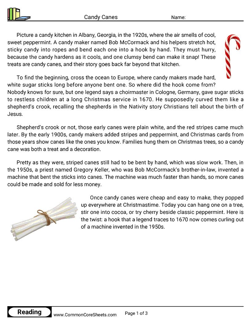 4th Grade 25 Days of Christmas Reading - Candy Canes worksheet