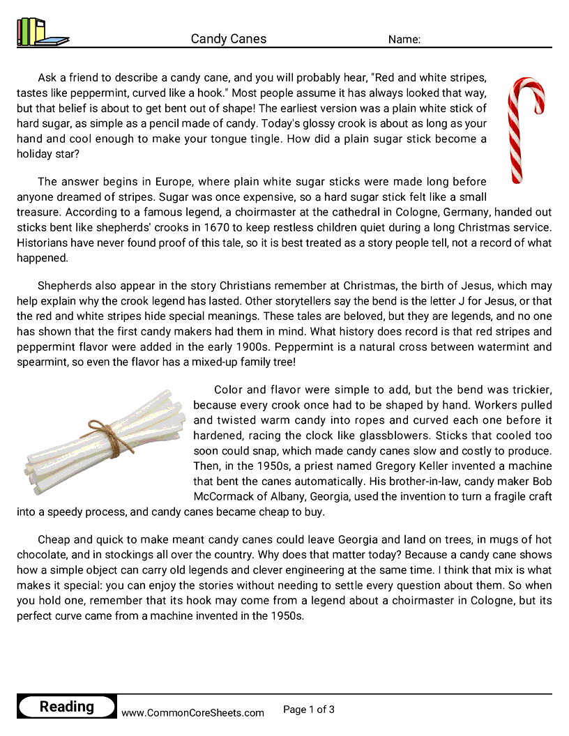 6th Grade 25 Days of Christmas Reading - Candy Canes worksheet