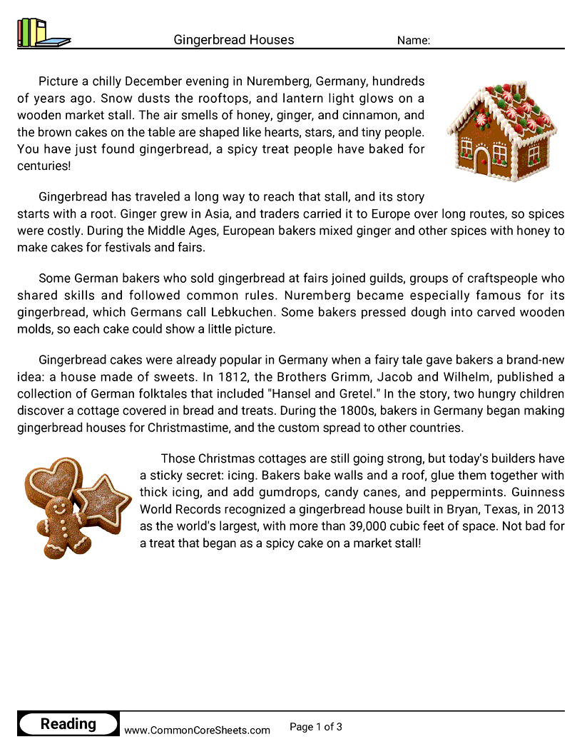 4th Grade 25 Days of Christmas Reading - Gingerbread Houses worksheet