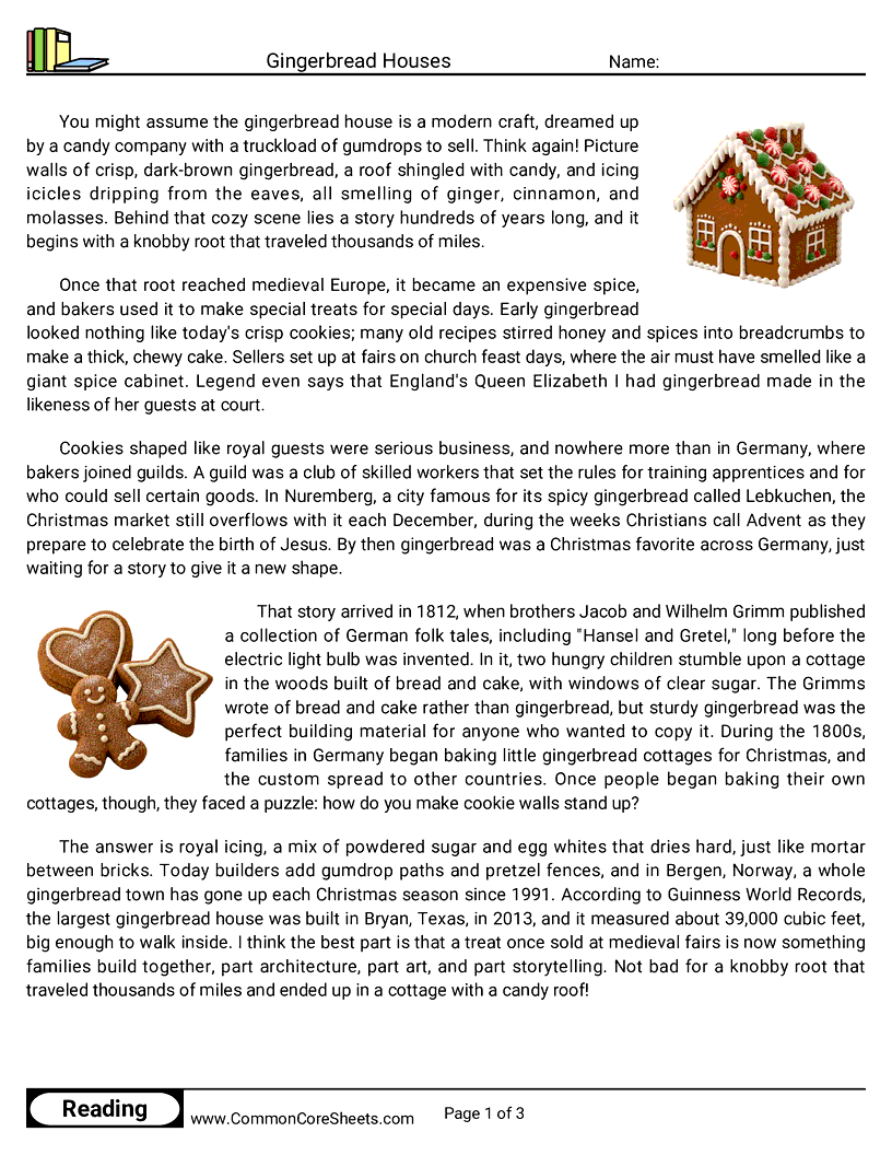 6th Grade 25 Days of Christmas Reading - Gingerbread Houses worksheet