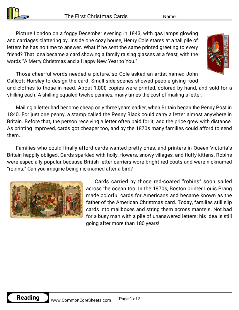 4th Grade 25 Days of Christmas Reading - The First Christmas Cards worksheet