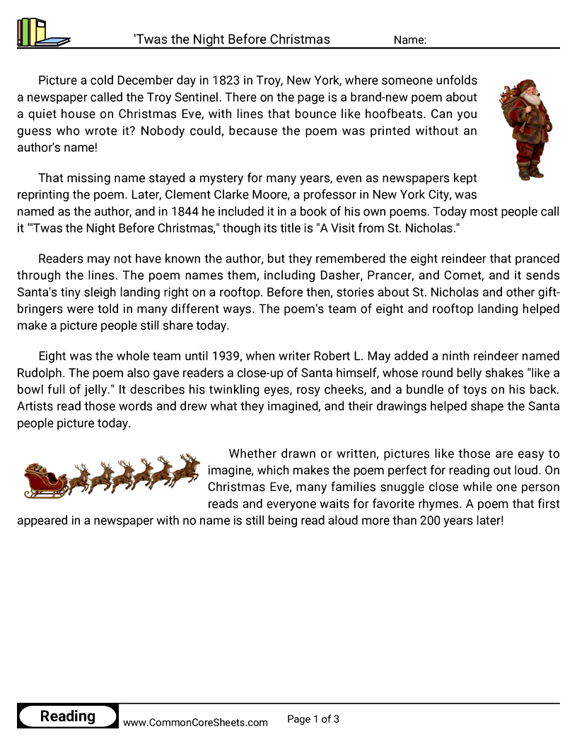 4th Grade 25 Days of Christmas Reading - 'Twas the Night Before Christmas worksheet