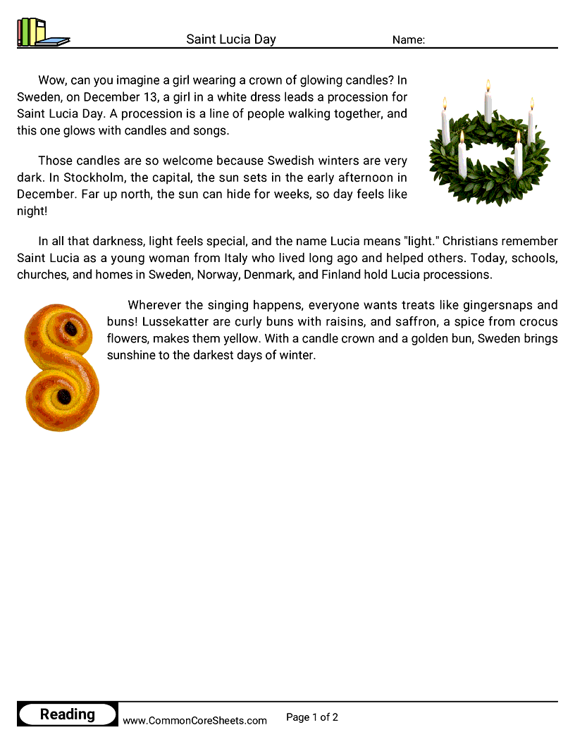 2nd Grade 25 Days of Christmas Reading - Saint Lucia Day worksheet