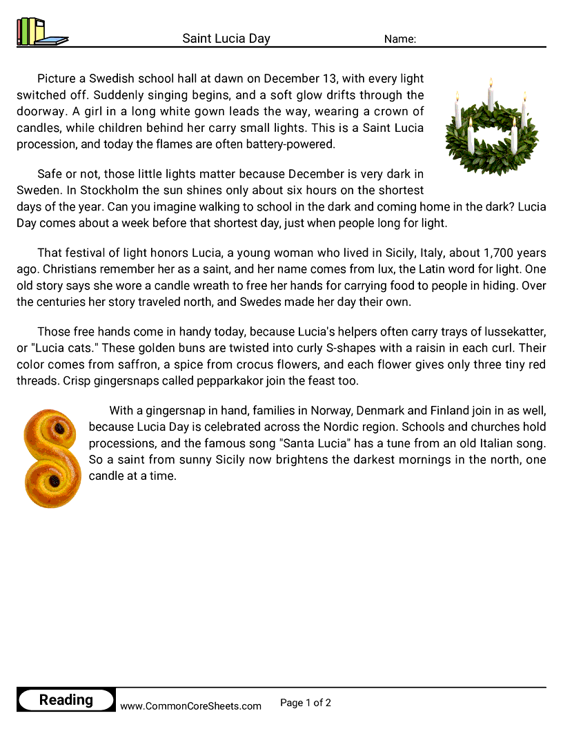 4th Grade 25 Days of Christmas Reading - Saint Lucia Day worksheet