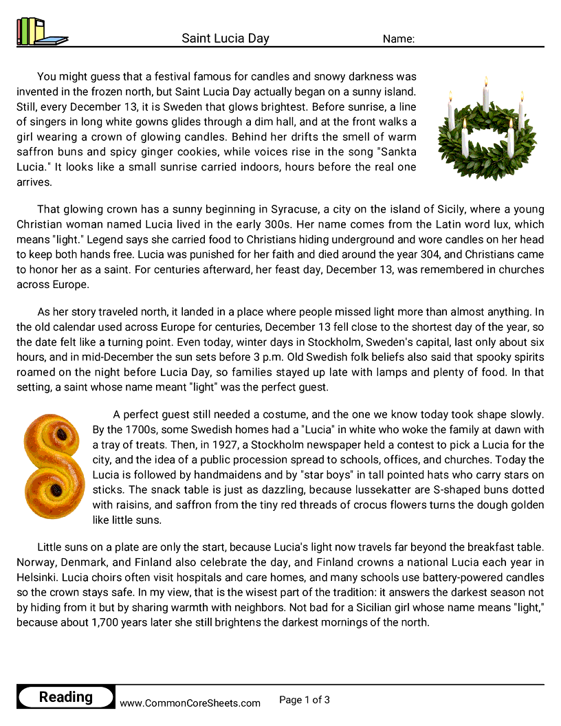 6th Grade 25 Days of Christmas Reading - Saint Lucia Day worksheet
