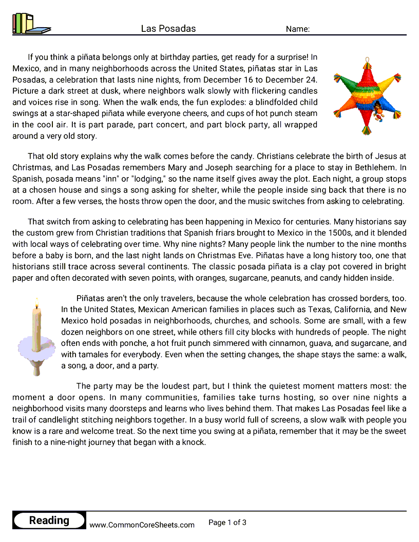 6th Grade 25 Days of Christmas Reading - Las Posadas worksheet