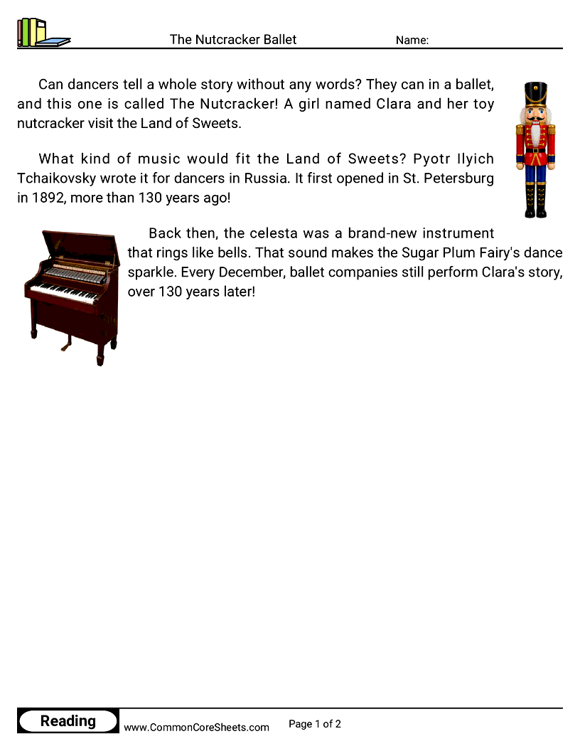 1st Grade 25 Days of Christmas Reading - The Nutcracker Ballet worksheet