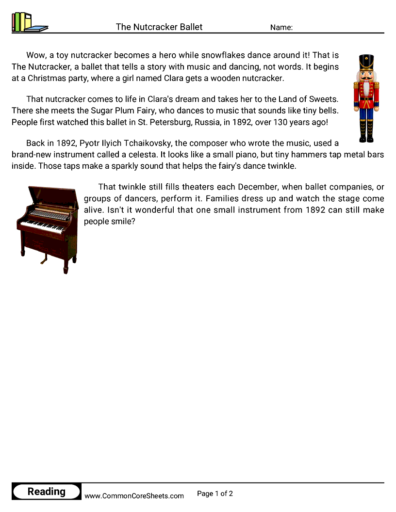 2nd Grade 25 Days of Christmas Reading - The Nutcracker Ballet worksheet