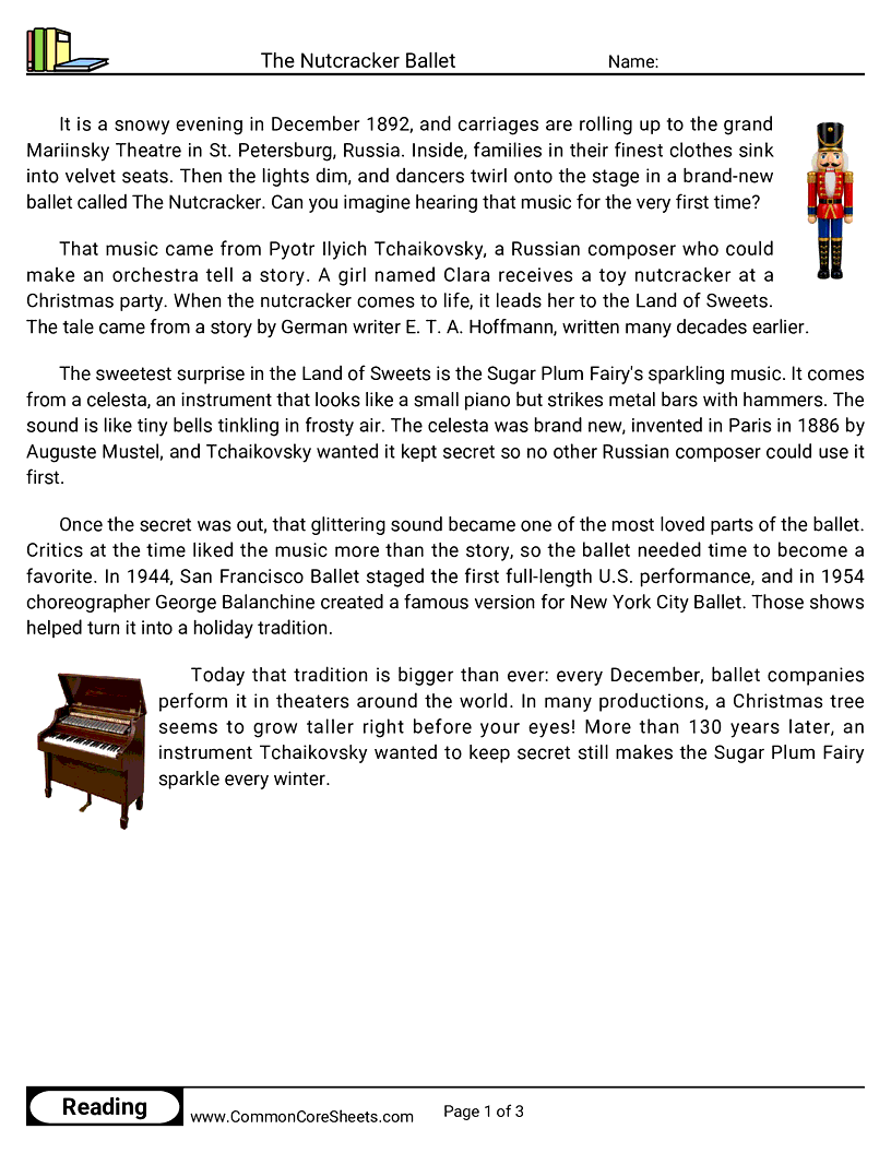 4th Grade 25 Days of Christmas Reading - The Nutcracker Ballet worksheet