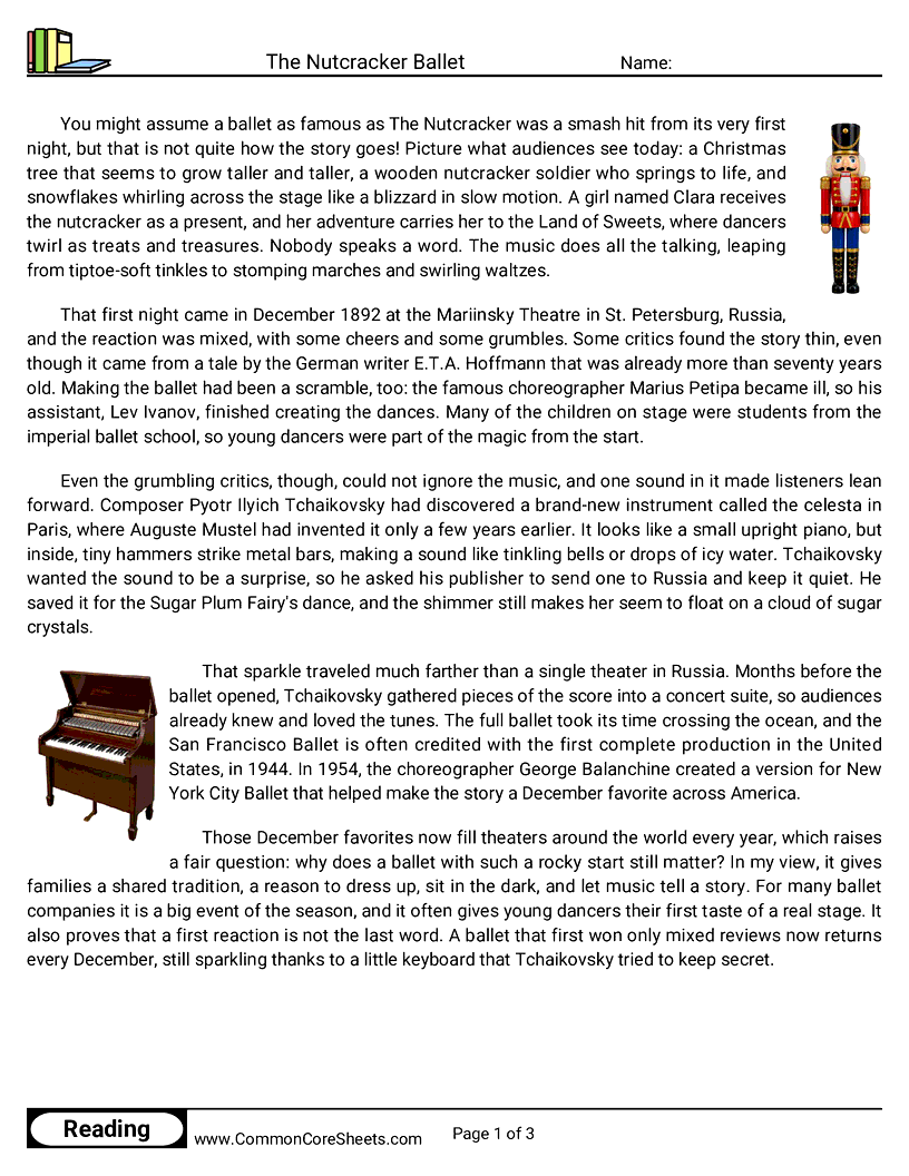 6th Grade 25 Days of Christmas Reading - The Nutcracker Ballet worksheet