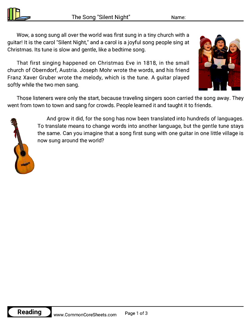 2nd Grade 25 Days of Christmas Reading - The Song "Silent Night" worksheet