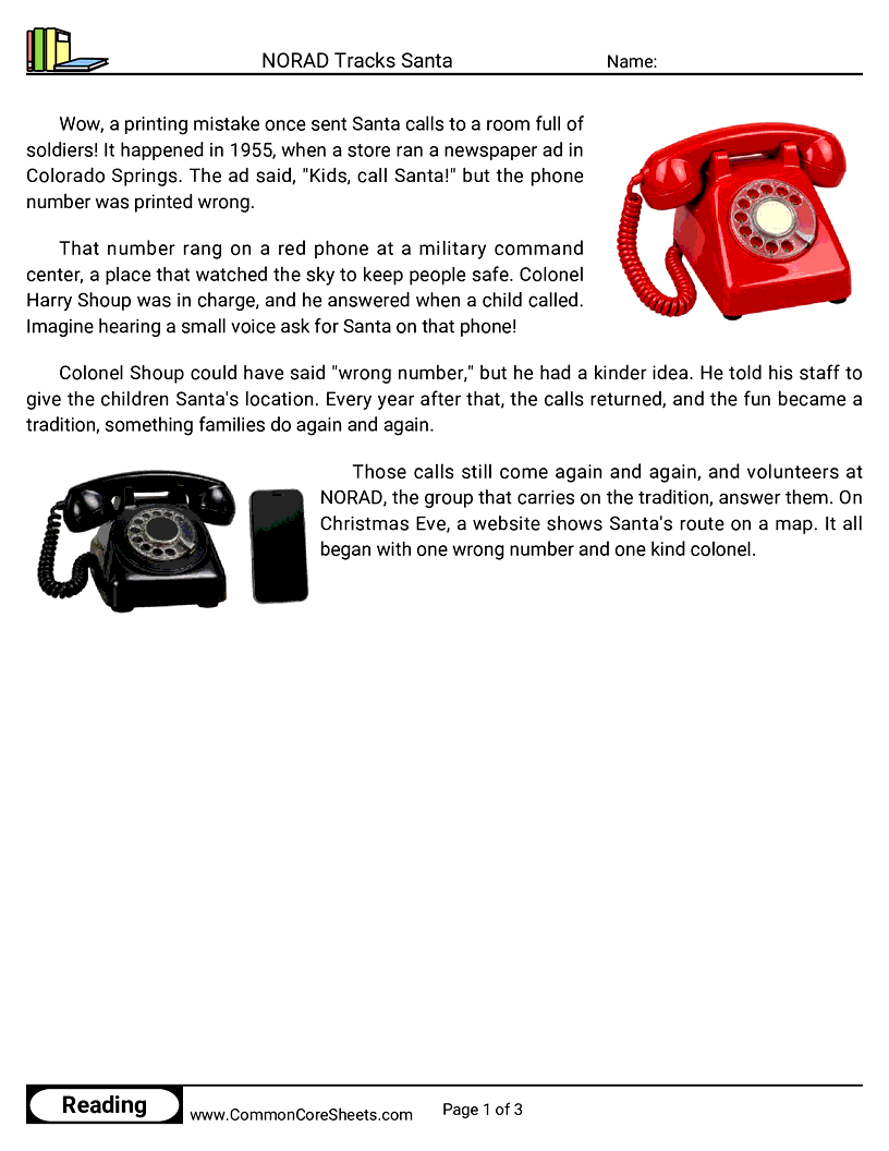 2nd Grade 25 Days of Christmas Reading - NORAD Tracks Santa worksheet