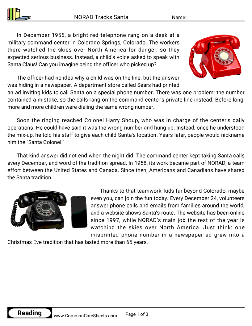 4th Grade 25 Days of Christmas Reading - NORAD Tracks Santa worksheet