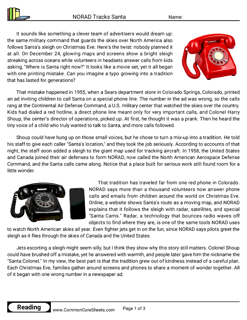 6th Grade 25 Days of Christmas Reading - NORAD Tracks Santa worksheet