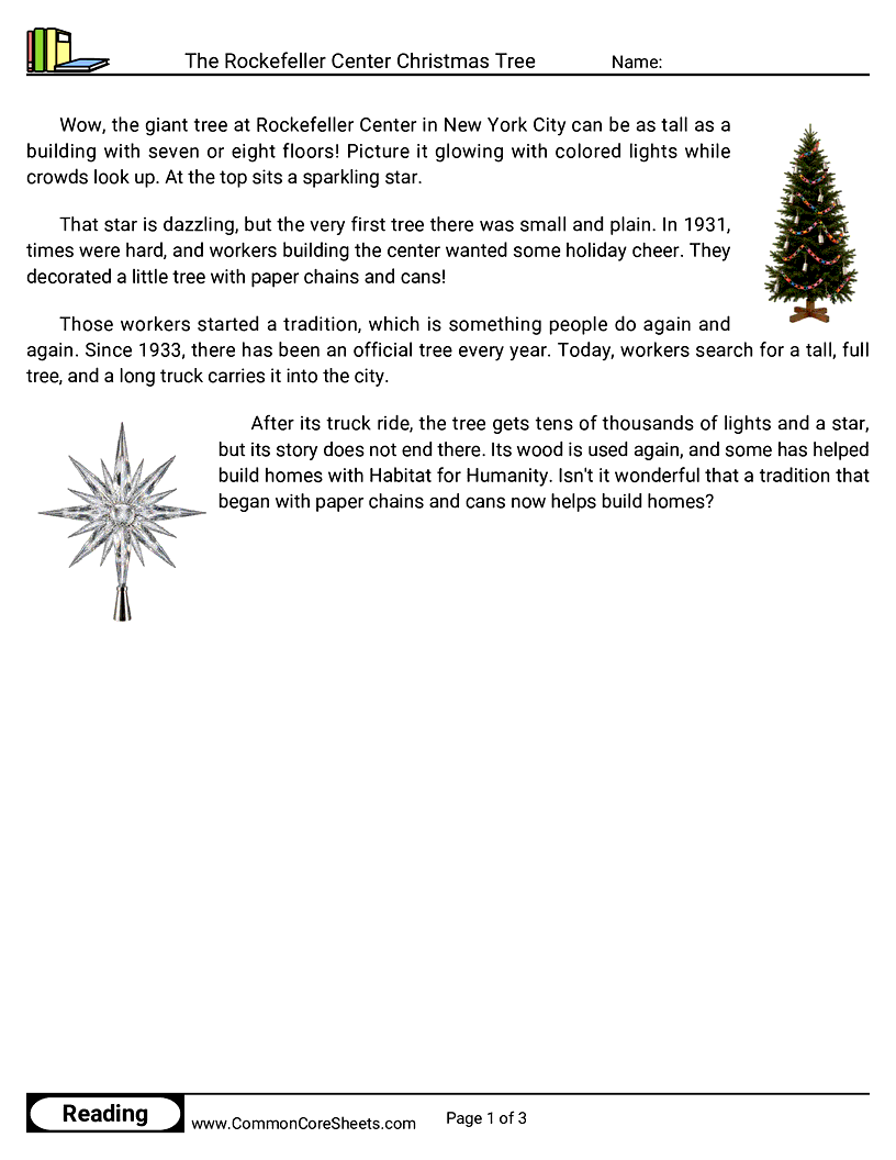 2nd Grade 25 Days of Christmas Reading - The Rockefeller Center Christmas Tree worksheet