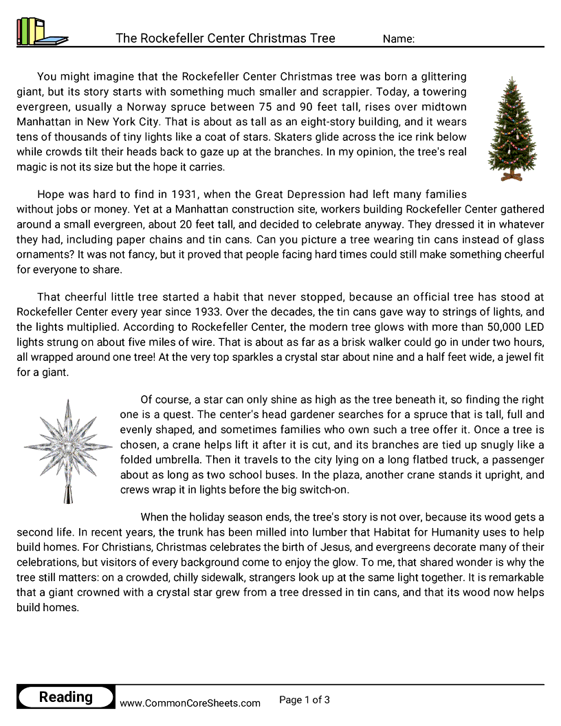 6th Grade 25 Days of Christmas Reading - The Rockefeller Center Christmas Tree worksheet