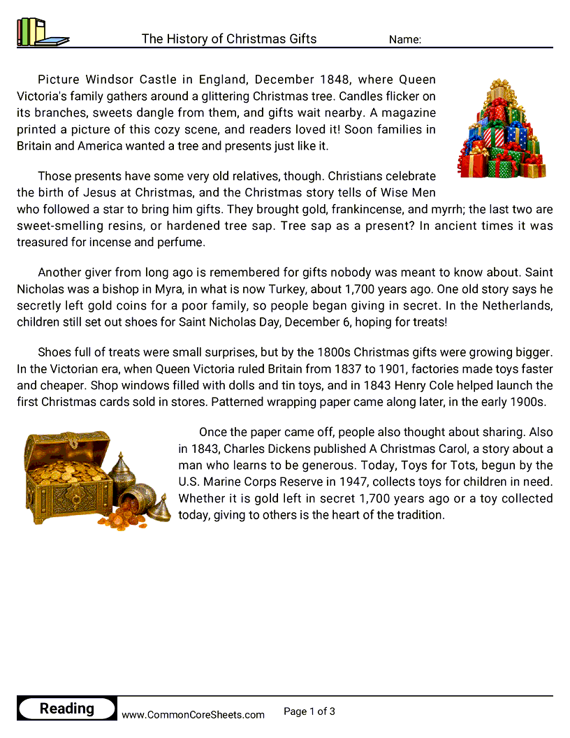 25 Days of Christmas Reading - The History of Christmas Gifts worksheet