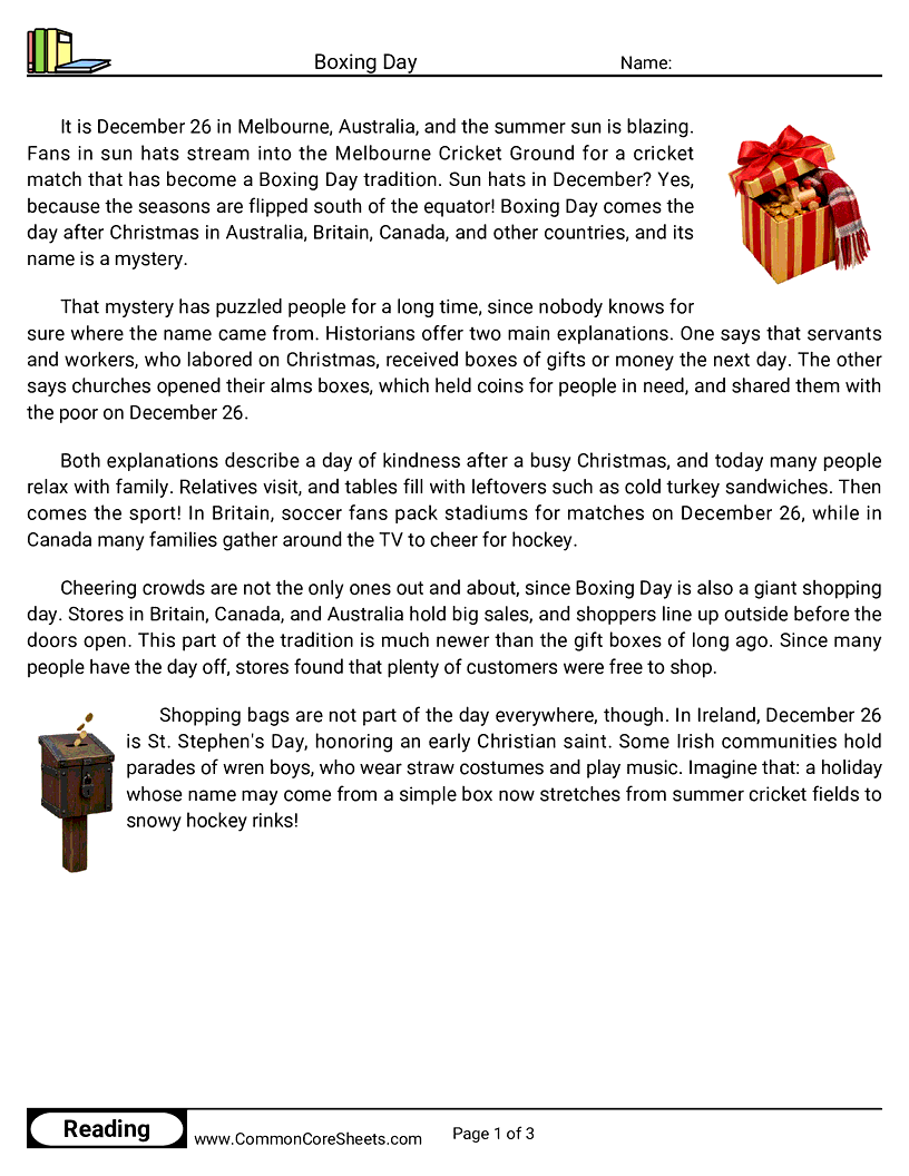 4th Grade 25 Days of Christmas Reading - Boxing Day worksheet
