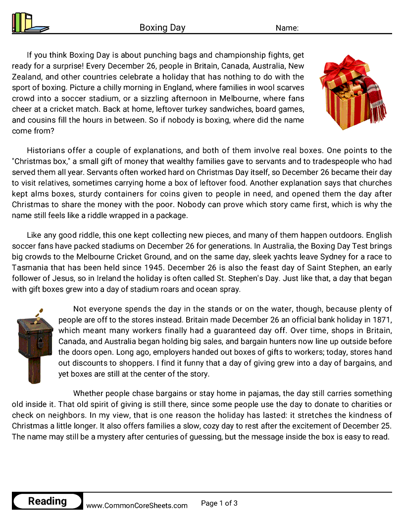 6th Grade 25 Days of Christmas Reading - Boxing Day worksheet
