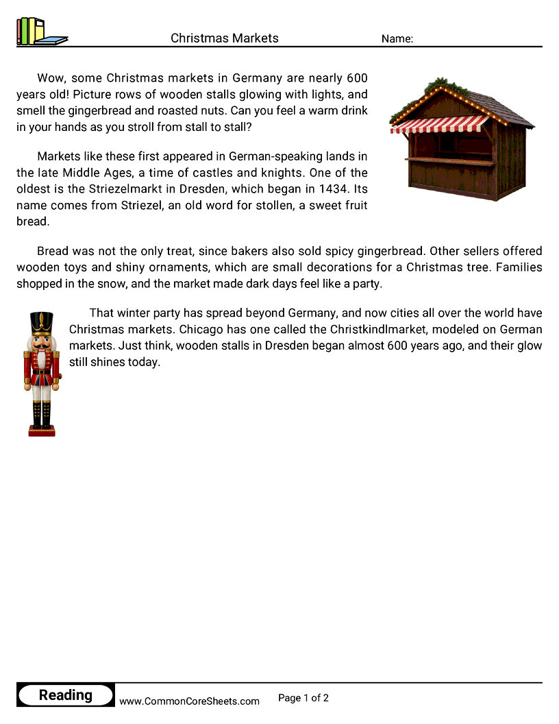 2nd Grade 25 Days of Christmas Reading - Christmas Markets worksheet