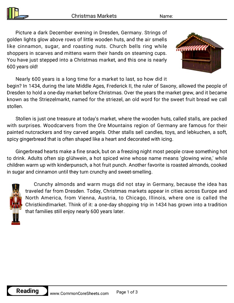 4th Grade 25 Days of Christmas Reading - Christmas Markets worksheet