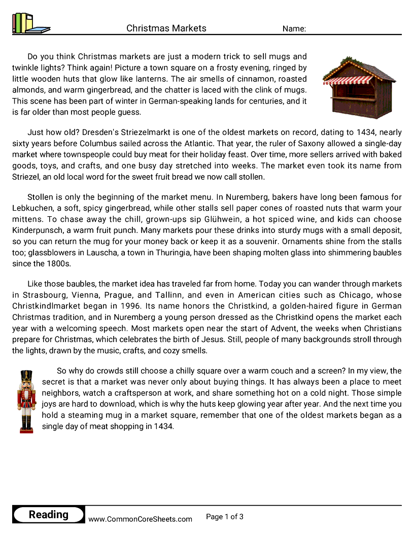 6th Grade 25 Days of Christmas Reading - Christmas Markets worksheet