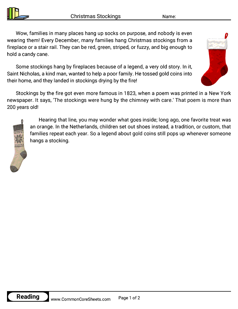 2nd Grade 25 Days of Christmas Reading - Christmas Stockings worksheet