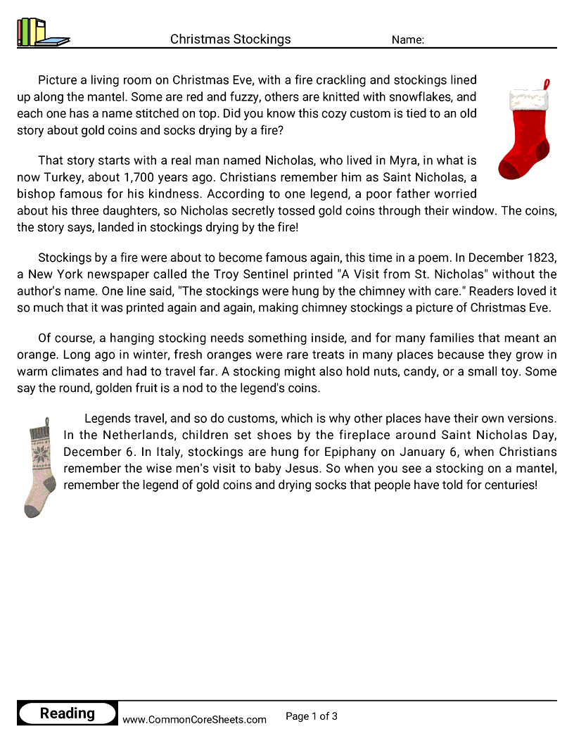 4th Grade 25 Days of Christmas Reading - Christmas Stockings worksheet