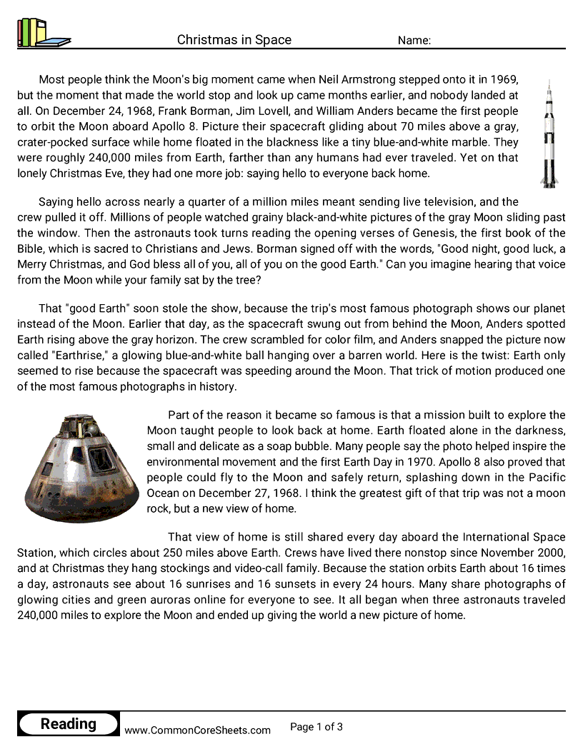 6th Grade 25 Days of Christmas Reading - Christmas in Space worksheet