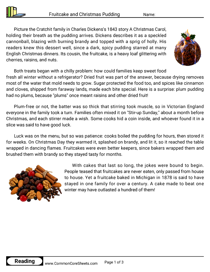 4th Grade 25 Days of Christmas Reading - Fruitcake and Christmas Pudding worksheet
