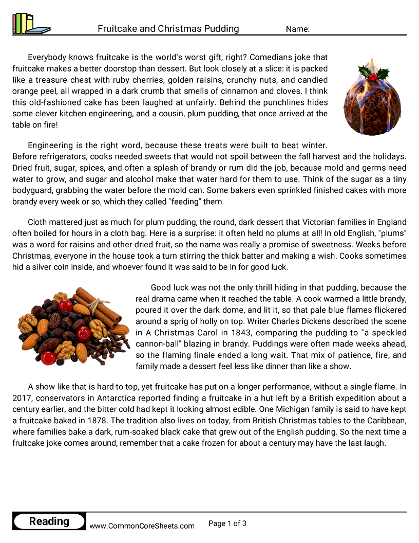 6th Grade 25 Days of Christmas Reading - Fruitcake and Christmas Pudding worksheet