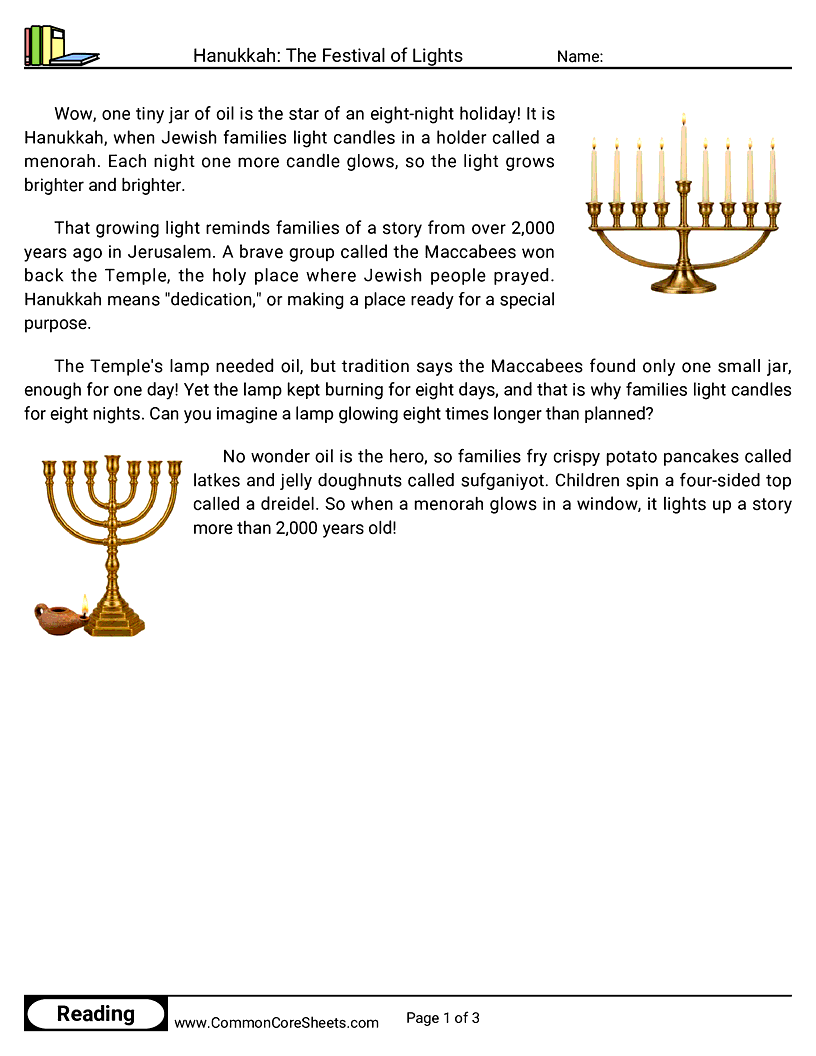 2nd Grade 25 Days of Christmas Reading - Hanukkah: The Festival of Lights worksheet