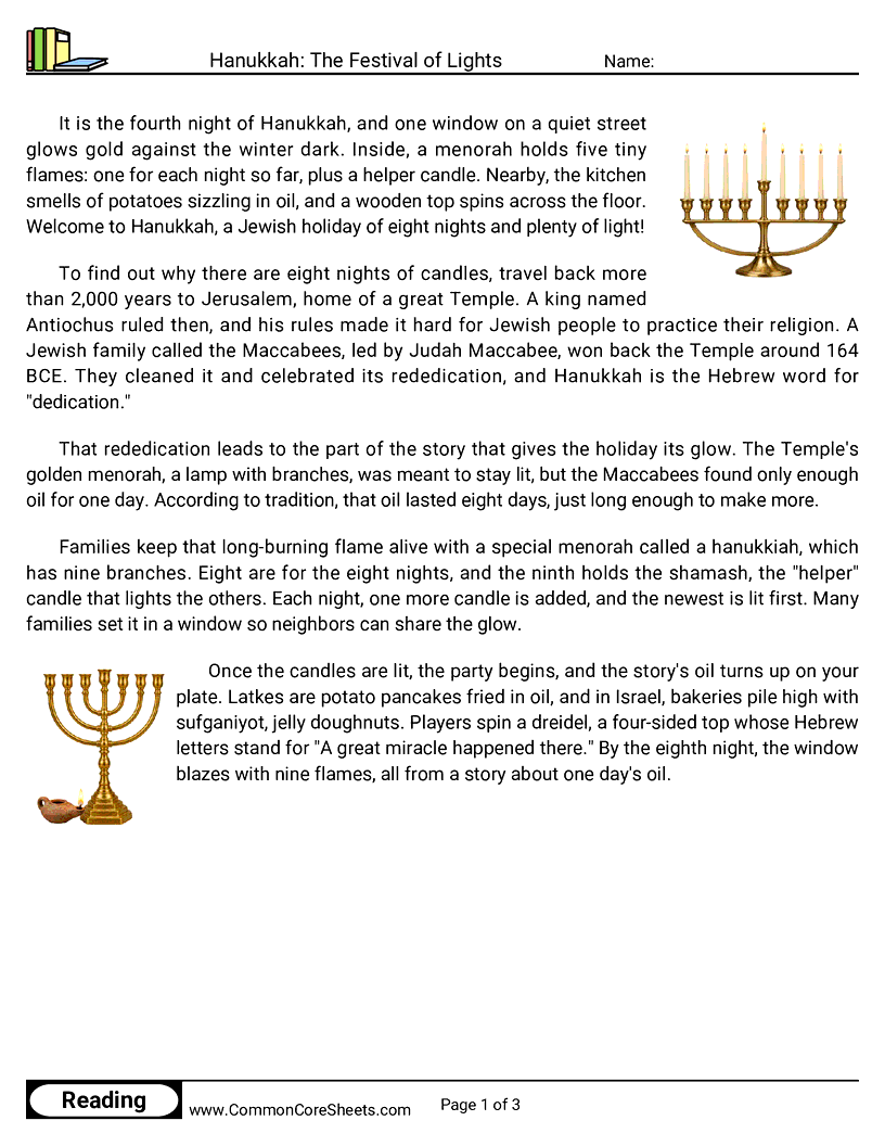 25 Days of Christmas Reading - Hanukkah: The Festival of Lights worksheet