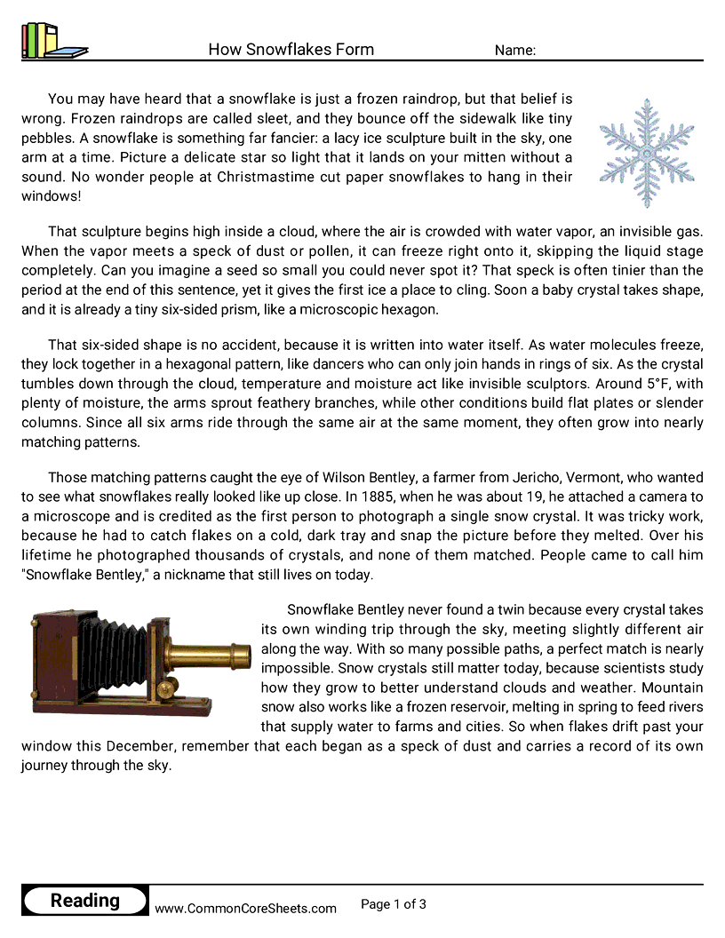 6th Grade 25 Days of Christmas Reading - How Snowflakes Form worksheet